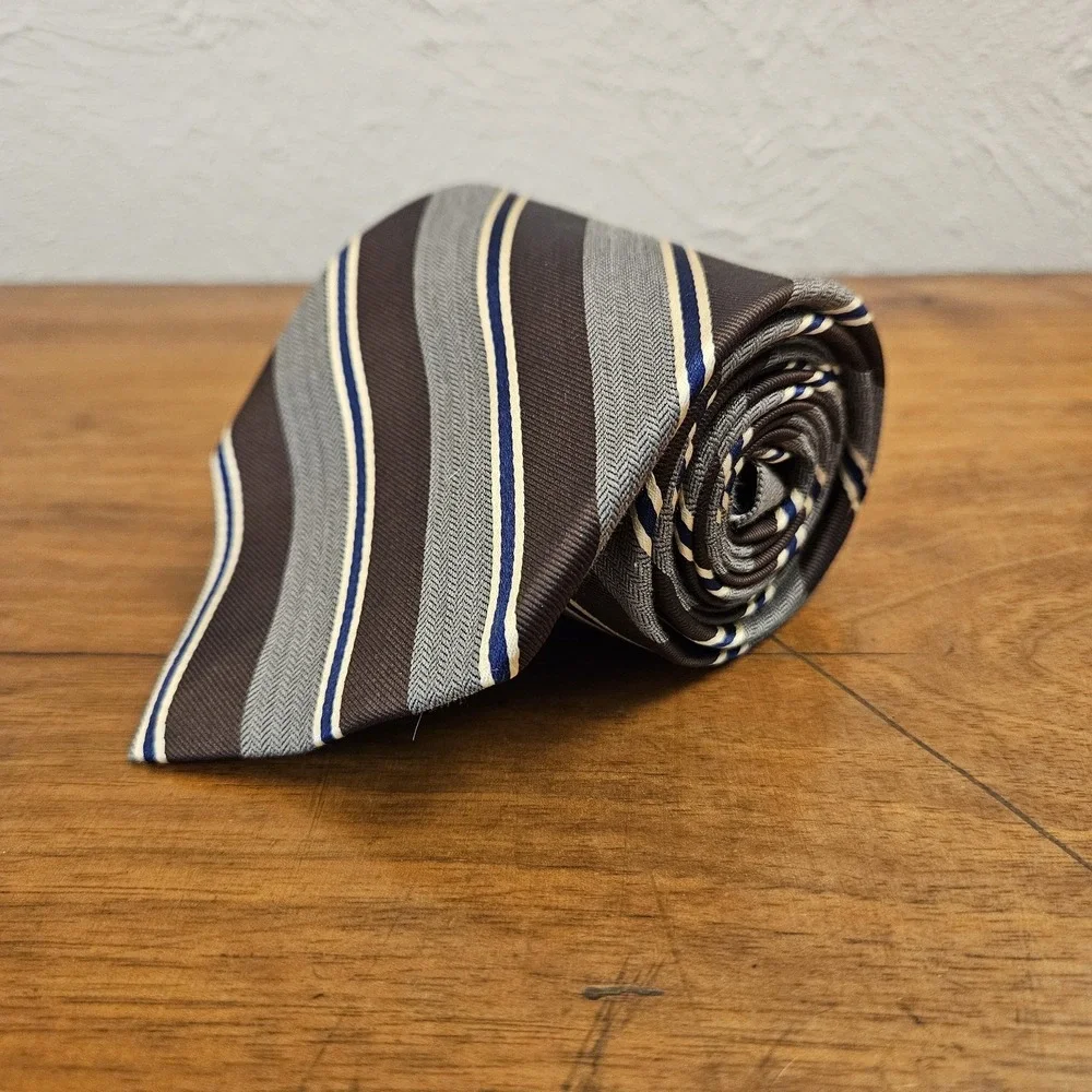 NWT Tommy‎ Hilfiger Striped 100% Silk Tie Gray Brown Blue White Beige